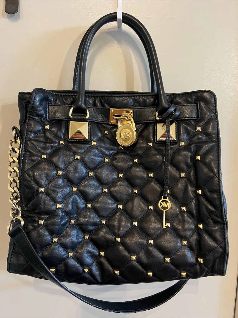 Michael Kors Black Hamilton Studded Quilted Leather Tote with Gold Hardware - Picture 2 of 12